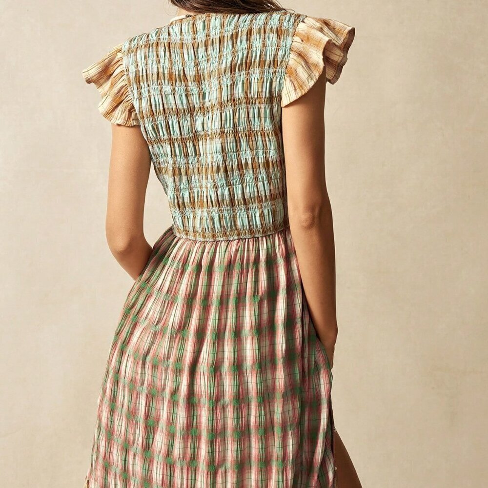 Multicolor Boho Women's Plaid V-Neck Slit Dolman Sleeve Mid-Length Dress - Picture 5 of 7
